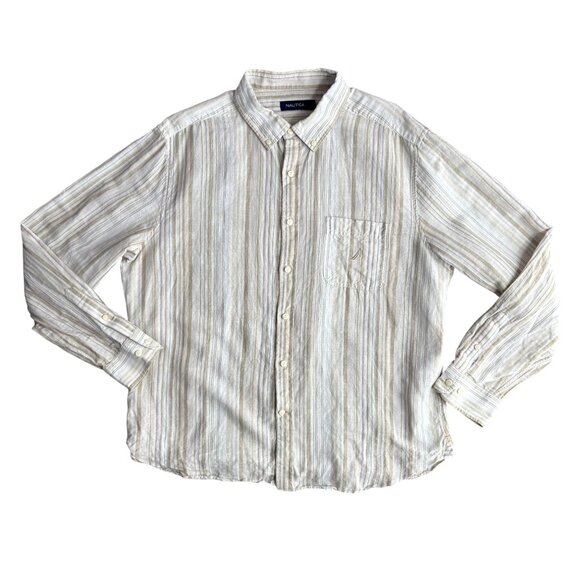 Nautica Linen Button Up Shirt Mens Size XL Beige White Striped Coastal Preppy - Picture 3 of 7